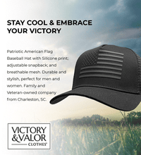 Load image into Gallery viewer, Patriotic American Flag Trucker Hat, Silicone U.S. Flag Print, Adjustable Snapback Cap, Breathable Mesh Sides, For Men and Women, Veteran-Owned Company from Charleston, South Carolina